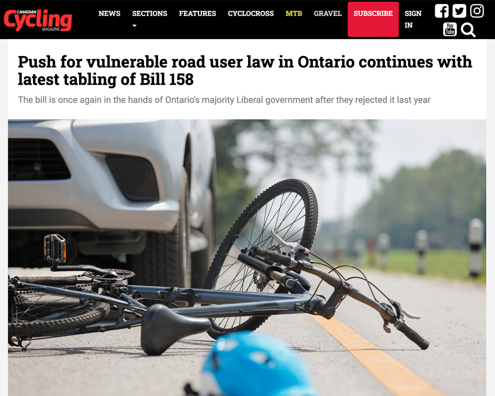 Push for Vulnerable Road Use Law in Ontario Continues with Latest Tabling of Bill 158