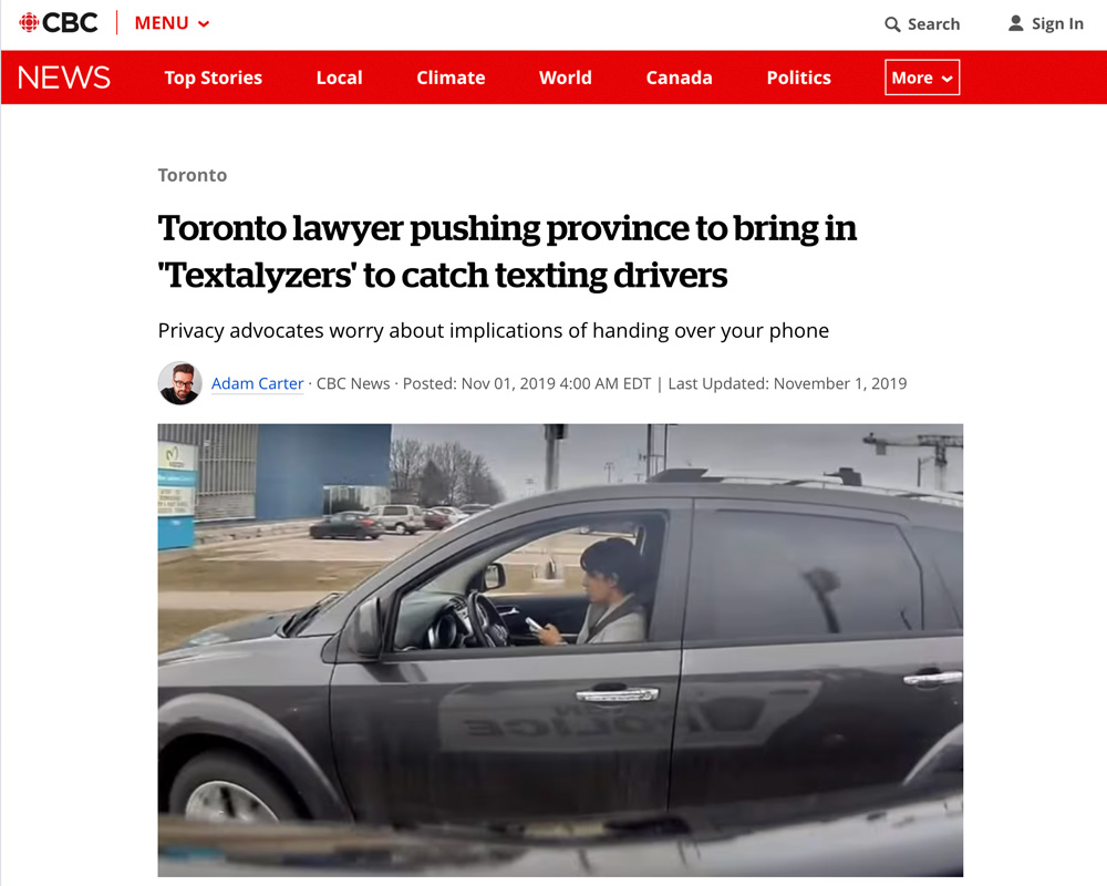 Toronto Lawyer Pushing Province to Bring in Textalyzers to Catch Texting Drivers