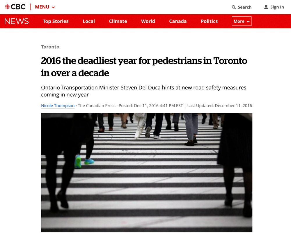 2016 the Deadliest Year for Pedestrians in Toronto in Over a Decade