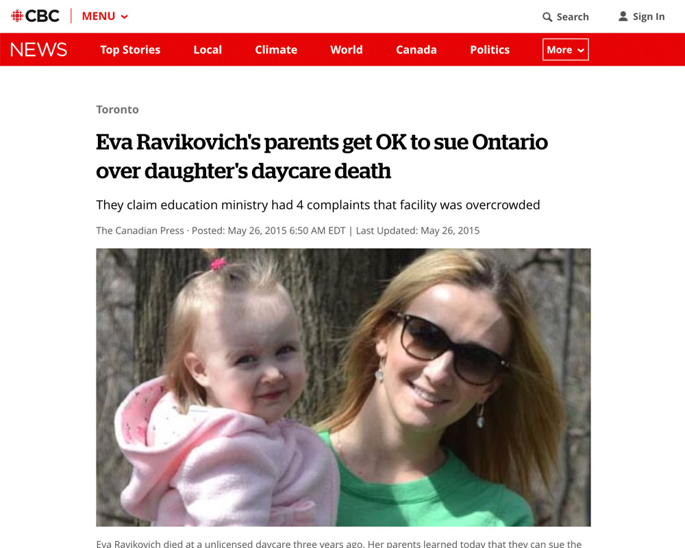 Eva Ravikovich's parents get OK to sue Ontario over daughter's daycare death