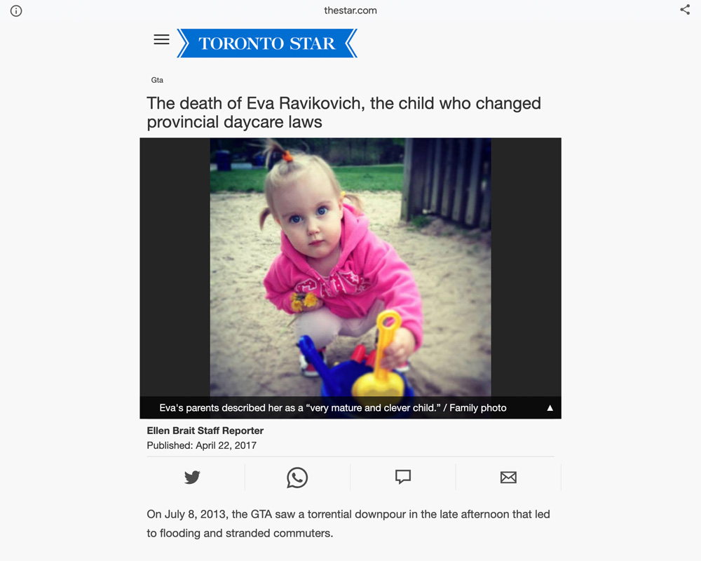 The death of Eva Ravikovich, the child who changed provincial daycare laws