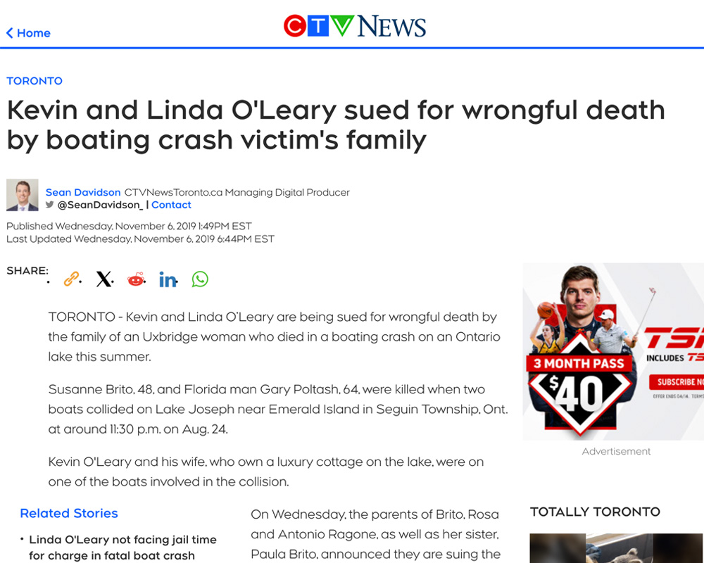 Kevin and Linda O'Leary sued for wrongful death by boating crash victim's family